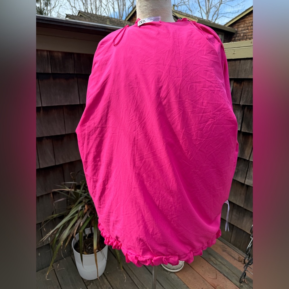 ZARA fuchsia pink ruffled knit coat jacket voluminous with tie Sz M. - Picture 7 of 10
